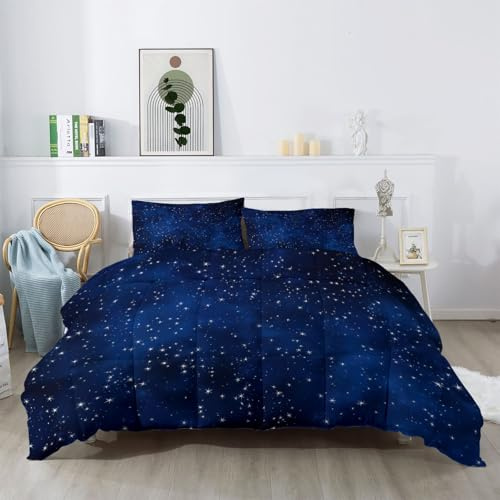 Bettdecke 4-Jahreszeiten Steppdecke Fantasie Sterne Nachthimmel, Galaxis ohne Bezug Nutzbar 220x240cm, Wende Steppdecke für Kinder Weiche Ganzjahresdecke Waschbar, Dunkelblau, Baumwolle