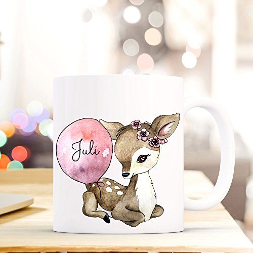ilka parey wandtattoo-welt® Becher Tasse Kaffeetasse Kaffeebecher zum Muttertag Reh Rehkitz mit Luftballon und Wunschname ts425