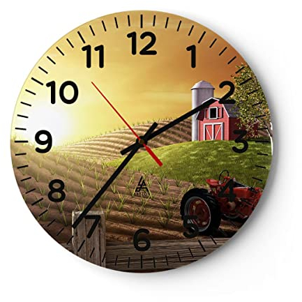 Modern Wanduhr Morgen Bauernhof Feld Plantage 30x30cm Rund Klein Wand Uhr Glas Analog Zimmeruhren Küche Büro Wohnzimmer Glasuhr Wall Clock Dekoration Design Wanddekoration Küchenuhr C4AR30x30-2639