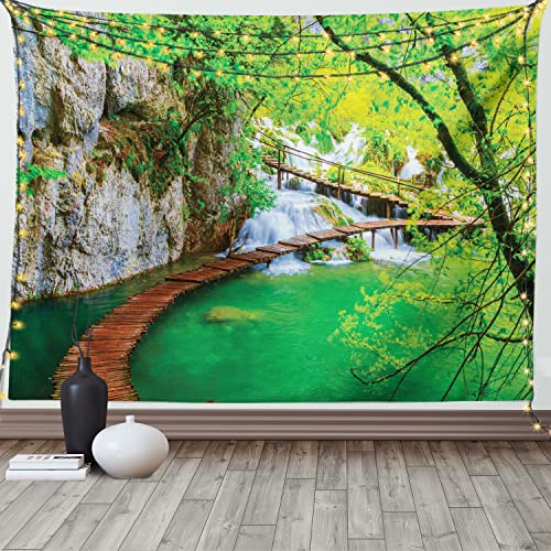 ABAKUHAUS Natur Wandteppich, Cascade Bäume im Grünen aus Weiches Mikrofaser Stoff Waschbar ohne Verblassen Digitaldruck, 150 x 110 cm, Grün Grau