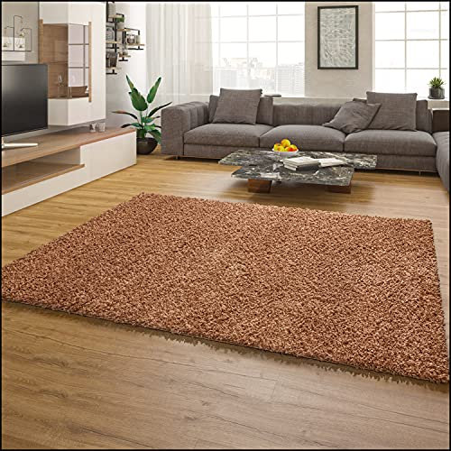 Paco Home Teppich Wohnzimmer Schlafzimmer Hochflor Shaggy Flokati Optik Einfarbiges Design Weich Flauschig Moderne Deko, Grösse:70x250 cm, Farbe:Terrakotta