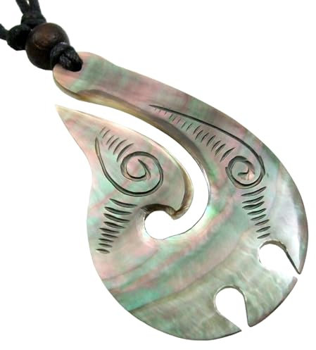 Swimmi Hand Carved Mother of Pearl Shell Tribal Maori Fish Hook 16 to 32 inch Adjustable Cord Necklace AA225