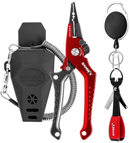 SAMSFX Aluminum Fishing Locking Pliers Saltwater Split Shot Ring Braid Cutter Hook Remover Pliers with Lanyard and Sheath, Quick Knot Tool Combo (Gray & Red Handle)