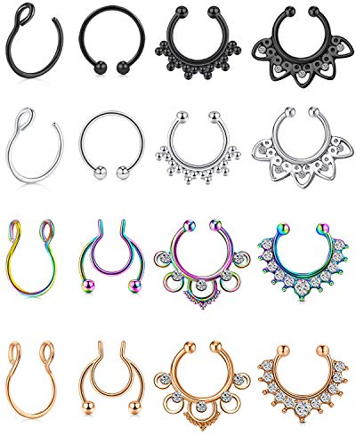 Mayhoop Fake Nasenpiercing, Septum, Chirurgenstahl, mit klarem CZ, falsches Piercing, für Lippen, Ohr, Nase, Septum, Ring, kein Piercing für Frauen und Männer, Metall