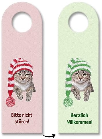 Bitte nicht stören und Herzlich Willkommen Türhänger mit niedlichem Kätzchen und Bobbelmütze