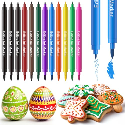 Jewem Edible Markers for Cookie Decoration, 12 Pcs Food Coloring Pens, Food Grade Two Sided Pens with Fine and Thick Tip for Fondant Decorating, Cake