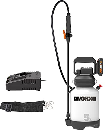 WORX 18V(20V Max) Cordless Garden Sprayer WG829E Universal Sprayer, 5L Tank, Safe Air Compressor Pump,w/Long Lance & Shoulder Strap & nozzle (adjustable), PowerShare, 1* 2.0Ah Battery, 1*2A Charger