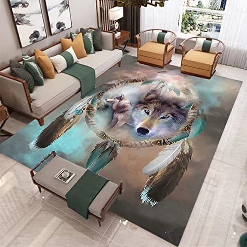Sticker Superb. Traumfänger Wolf Drucken Großer Teppich für Wohnzimmer Schlafzimmer Moderne Heimdekoration r Flanell Kinder Spiel Matte Wald Sternenklarer Himmel Feder Wölfe Muster (Grau,120x180 cm)