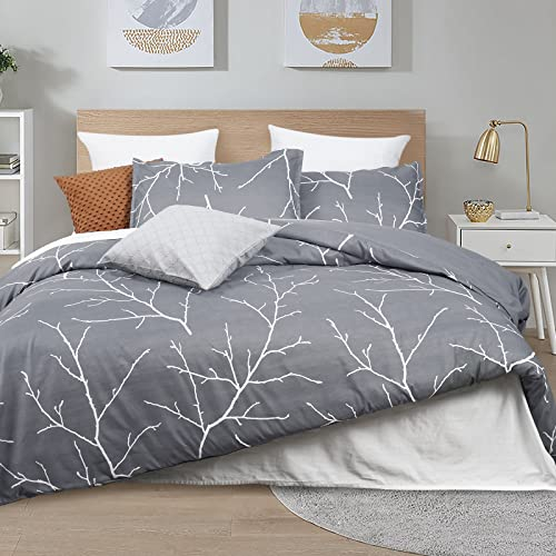 PHF Bettwäsche 200x220, Zweig Bettbezüge 200x220 cm mit 2er Kissenbezüge 80x80 cm, Weich und Bügelfrei Bettwäsche 200x220cm aus Mikrofaser mit Reißverschluss, Grau