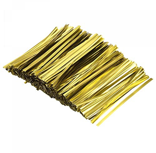 sourcing map Foil Twist Ties 4 10cm Metallic Plastic Closure Tie for Tying Bread, Candy, Cookies, Gift Bags Arts Crafts Ties Gold Tone Pack of 750