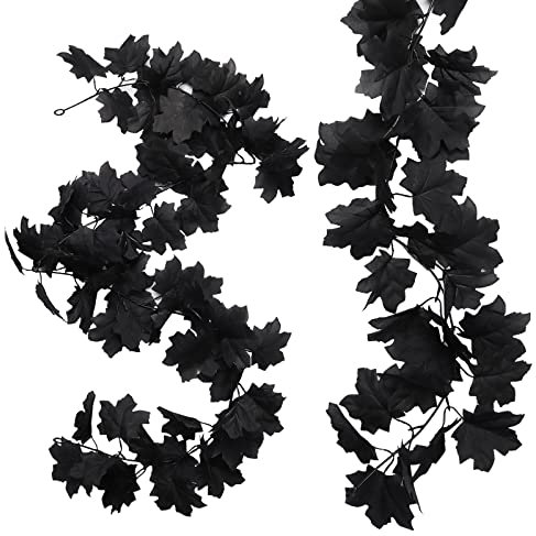 RECUTMS Artificial Autumn Fall Maple Leaves Garland Hanging Foliage Leaves Rattan Halloween Black Leaf Vine Plant 2 Packs 5.8Ft for Home Patio Fireplace Party Thanksgiving Christmas Indoor Outdoor