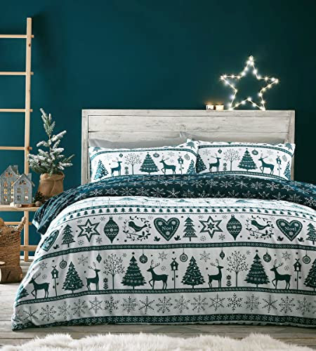 HOMEMAKER BEDDING Weihnachts-Bettwäsche-Set, blaugrün, weiß, Rentiere, Hirsch, Herzen, Weihnachtsbäume, festlicher Bettbezug (Einzelbett)