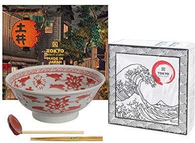 TOKYO design studio Beni Ran, Schale rot-weiß, Ø 21,5 cm, ca. 1200 ml, asiatisches Porzellan, inkl. Geschenk-Verpackung, Löffel, Stäbchen und exklusiven Servietten