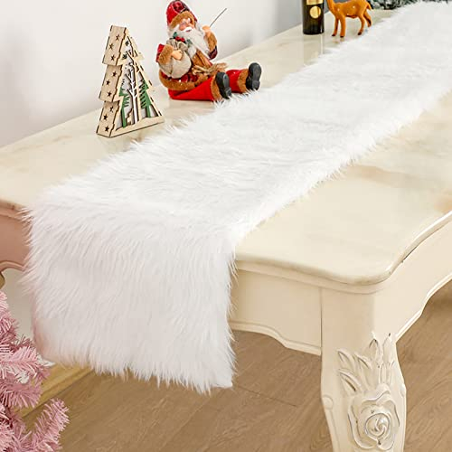 Tischläufer aus Kunstfell, 37 x 183 cm, Weiß, Luxus-Weihnachtstischläufer, Pelz-Tischläufer für Weihnachten, Party, Hochzeit, Esstisch, Dekoration