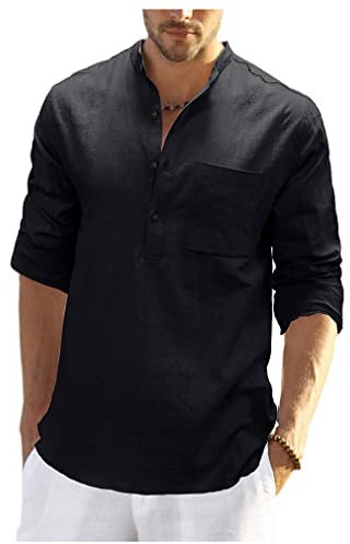 Causal Shirt Herren Frühling Einfarbig Langarm Shirt Herren Henry-Kragen Slim Fit Einfachheit Leinenhemd Herren Atmungsaktiv Komfortabel Taschen Shirt Herren C-Black XL