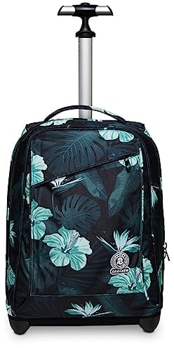 Invicta Trolley Scuola Fantasy, HIBISCUS, Azzurro e Verde, 2 in 1 con Spallacci per Uso Zaino, Scuola, Bambine e Ragazze