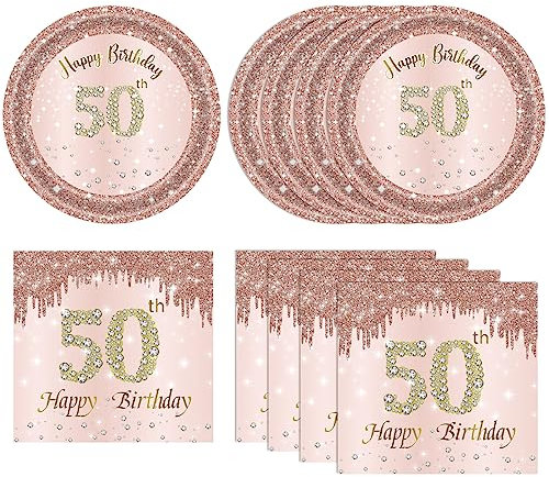 40pcs 50th Birthday Decorations for Women Vintage 50th Birthday Plates and Napkins Set 50th Birthday Decorations Rose Gold for 1975 Birthday Dessert Plates and Napkins Party Supplies for Women