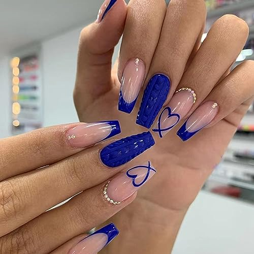 AKOFIC 24 Pièces Faux Ongles Moyen Cercueil, Ballerine Faux Ongles à Coller French, Nude Bleu Press on Nails avec Gel Pad Ongles, Strass Cœur Faux Ongles Reutilisable Sans Colle pour Femmes et Filles