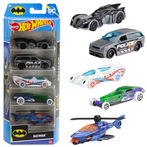 Hot Wheels 1:64 Scale Toy Cars, Set of 5 Batman-Themed Vehicles, HXD61