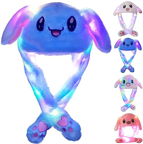 SUNHUITOY Animal Hat Plush Ears Moving Jumping Dress Up Cosplay Party Christmas Holiday Cute Ear Flap Cap for Kids Adults (Blue Rabbit)