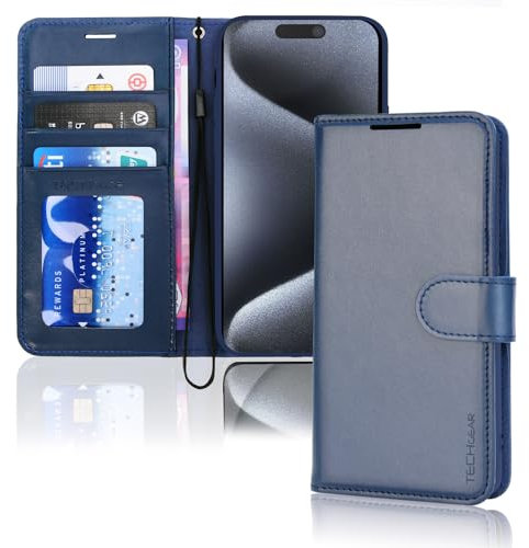 TECHGEAR iPhone 15 Pro Max Leather Wallet Case, Flip Protective Case Cover with Wallet Card Holder, Stand and Wrist Strap - Blue PU Leather with Magnetic Closure Designed for iPhone 15 Pro Max 6.7