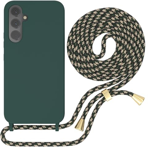 EAZY CASE - Handyhuelle mit Kordel zum Umhängen - Samsung Galaxy A54 Ultra Dünn, Flexibles Silikon, Fallschutz, Guter Griff Handyhülle, Nacht Grün/Grün Camouflage Clips Gold