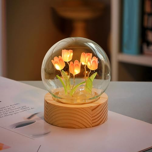 ViaGasaFamido DIY Tulpe Nachtlicht Blume Kristallkugel Nachtlicht Glaskugel Nachtlampe mit Holzsockel Schlafzimmer Schlaflampe Lampe für Schreibtisch Ornament Geschenke (Rosa)