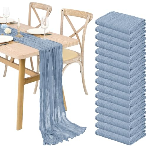 Showgeous 16 Stück Käsetuch Tischläufer Staubigs Blau 300 cm, Boho Gaze Tischläufer Lang Romantischer Transparenter Stoff Käsetuch Tisch Deko für Hochzeit Brautdusche Urlaub Party (55 x 300 cm)