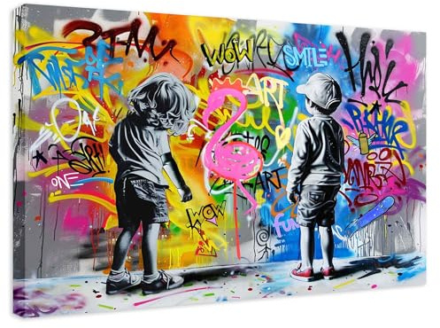 Banksy Bilder Leinwand Wandkunst Graffiti Boy and Girl- Komplett Aufhängefertig, Strassen Kunst-Graffiti-Wohnzimmer Büro, moderne Leinwand Mood bilder (boygirlpaint2, 40x60 cm)