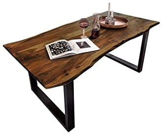 SAM B-Ware Esstisch 140x80 cm Mundra, Baumkantentisch aus Akazienholz, massiv + nussbaumfarben, U-Metallgestell Schwarz, Esszimmertisch mit echter Baumkante