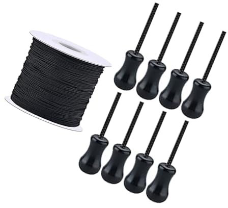 Rouleau de cordon d'ombrage noir de 9 m x 1,8 mm avec 8 boutons de cordon de serrage pour rideaux de fenêtre et stores de fenêtre