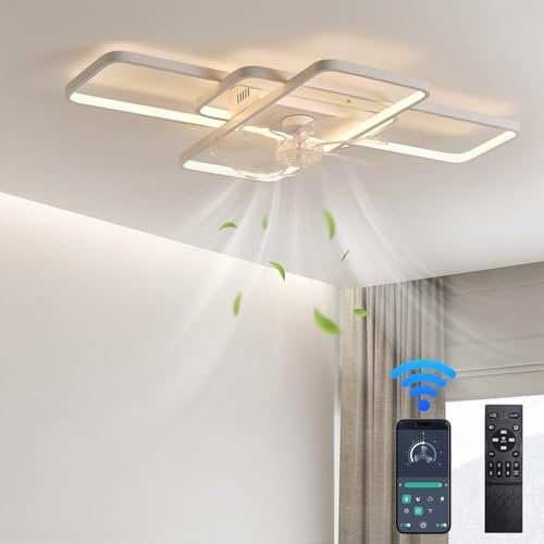 Depuley White Square Ceiling Lights with Fans,Led Dimmable Ceiling Fan with Light,6 Speeds Adjustable Low Profile Ceiling Fans with Lamps,Smart Remote and APP Control, Quiet Motor, White