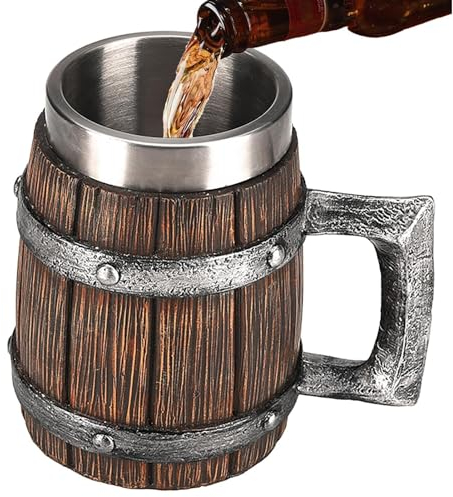 Viking Beer Mug - Old Fashioned Dark Beer Tankard, Double Layer Beer Tankard | Stainless Steel Beer Tankard Imitation Wood Whiskey Barrel with Upgraded Insulation for Decoration got