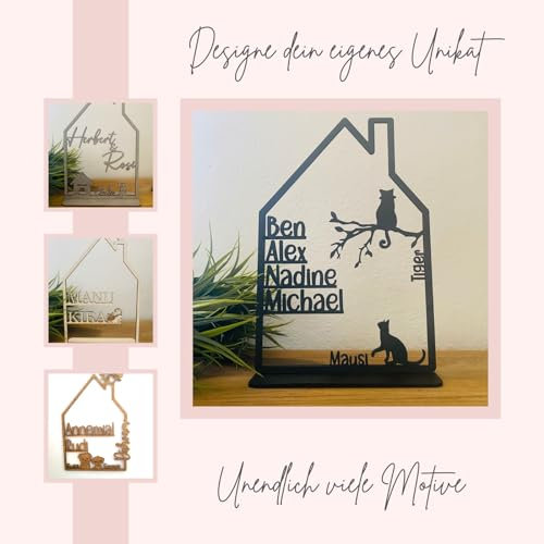 Personalisiert Haus mit Namen und Hund Katze Haustier, Holzhaus personalisiert, Dekohaus, personalisierte Deko Geschenk, Einzugsgeschenk, Türschild Familie, Geburtstagsgeschenk Hochzeit, Weihnachten