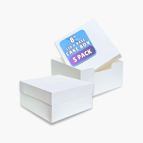 PACK N TRADE White 8 Inch Cake Box, Pack of 5 Square Cardboard Cake Boxes with Lids (8 x 8 x 5 Inches), Ideal for Safely Carrying and Transporting Cakes