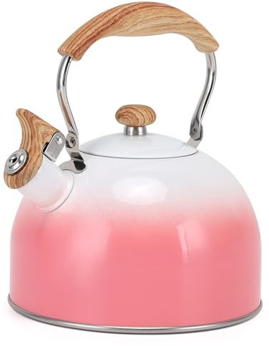 Vegoran Tea Kettle,2.6 Quart Whistling Tea Kettle, Tea Pots for Stove Top Food Grade Stainless Steel with Wood Pattern Folding Handle, Loud Whistle Kettle for Tea, Coffee, Milk (Pink)