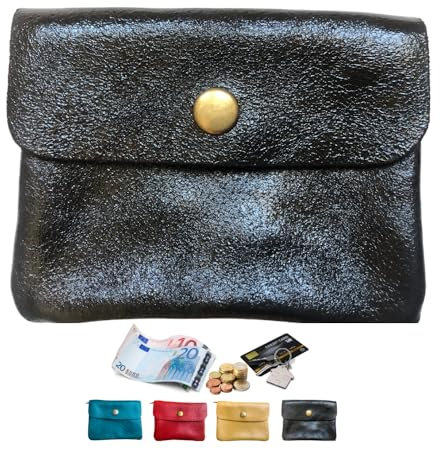 Porte-Monnaie, Porte-clés - Petit Portefeuille - Trousse 10x14cm en Véritable Cuir - étui pour Femme, Enfant. (Noir Brillant-D)