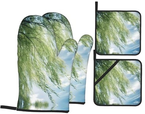 WZYWHJ Oven Mitts and Pot Holders Four-Piece Sets Oven Mitts Oven Gloves Pot Holders and Oven Mitts for Kitchen Baking Cooking Grilling Willow Wadding Printed