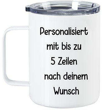 GRAZDesign Thermobecher Wunschtext 5 Zeilen, individuelle Beschriftung, Edelstahlbecher mit Deckel Thermo 400ml