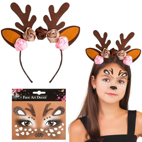 LUYANFX Serre Tete de Renne Noel, Cerf Tete Noel, Tatouage Visage de Cerf, Bandeau en Bois de Cerf Accessoires Cheveux Noël pour Femme Fille, Accessoires Costume pour Fête de Noël, Cosplay, Mascarade