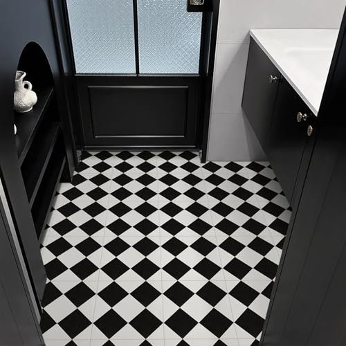 Peel and Stick Floor Tiles Vinyl Flooring, Floor Tiles Self Adhesive for Bathroom Kitchen Living Room, Black and White Waterproof Stick on Tiles 30x30cm 18pcs