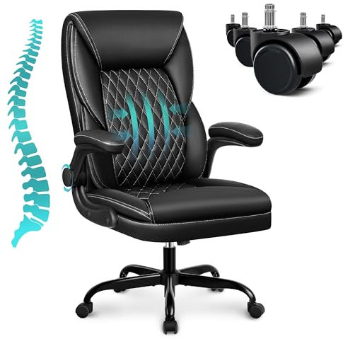 ChaCool Bürostuhl Schreibtischstuhl Ergonomisch, Chefsessel PU-Leder mit Verstellbarer Rückenlehne & Klappbare Armlehnen &Kopfstütze, Drehstuhl Höhenverstellbar mit Rollen, Max Belastung 136KG Schwarz
