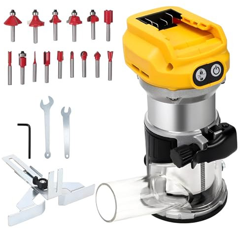 Cordless Router Compatible with Dewalt 18V 20V Battery, 800W 30000RPM Brushless Wood Trimmer with 6 Speed, Aluminum Base Router Trimmer Edge Cutter with 15pcs 1/4 Router Bits