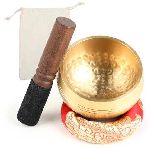 Cuenco Tibetano - Cuencos Tibetanos, 8 cm de Diámetro, con Mazo de Madera, Base y Bolsa de Tela, para Mindfulness, Meditación, Alivio del Estrés, Sanación y Yoga