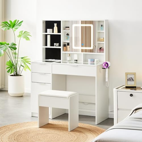 CLIPOP großer Schminktisch, Hollywood-LED, Steckdose, 3 Schubladen | Glasplatte, verstellbare Helligkeit, Kosmetiktisch, Frisiertisch, 1 Schrank, 90×40×138 cm, weiß, viel Stauraum
