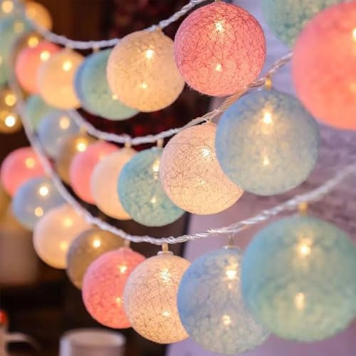 ENLACE Baumwollkugeln Lichterkette, 1,5M 10 LED Cotton Ball Lichterketten Kugeln, Macaron Baumwollkugeln Lichterkette für Kinderzimmer, Hochzeit, Weihnachten, Party, Wohnheim, Innen und Außen Deko