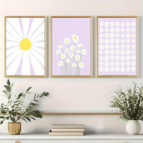 champracer 3er Set Poster Bilder Kinderzimmer Lila Poster & Kunstdrucke Boho Gänseblümchen Wandbilder Bilder Leinwand Mädchen Kinderzimmer Deko, Ohne Rahmen (21 * 30cm)