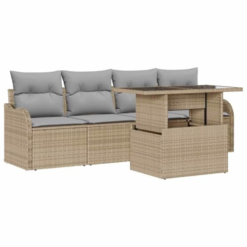vidaXL Garten-Sofa-Set mit Kissen 5 pcs Beige Poly Rattan, Moderne Outdoor Sofagruppe, rechteckig, modular, wetterfest, langlebige Rattan-Sitze, Gartenlounge, Terrassenmöbel