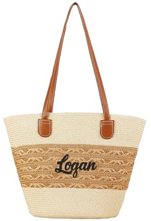 Jeweidea Sac de Plage Personnalisé pour Femme avec Nom Sac Cabas en Paille, Sac Travail Femme, Tote Bag pour Shopping, Plage, Natat