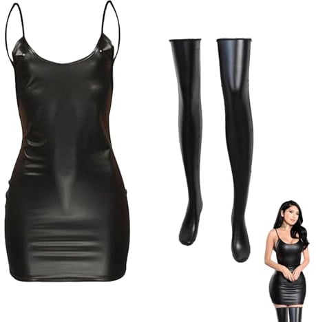 Damen Sexy Mini Kleid rückenfrei Lackleder PU Clubwear Schwarz, Einheitsgröße, verstellbare Träger, tiefes Dekolleté für Party Cocktail Abend Elegantes Bodycon Outfit